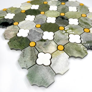 Flower Marble Mosaic Green Carrara White Steel LG03 Polished